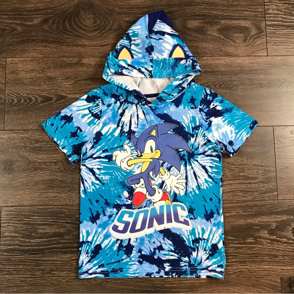 Sonic The Hedgehog SEGA Boys Blue Tie-Dye Spiky Hooded Costume T-Shirt Size 8
